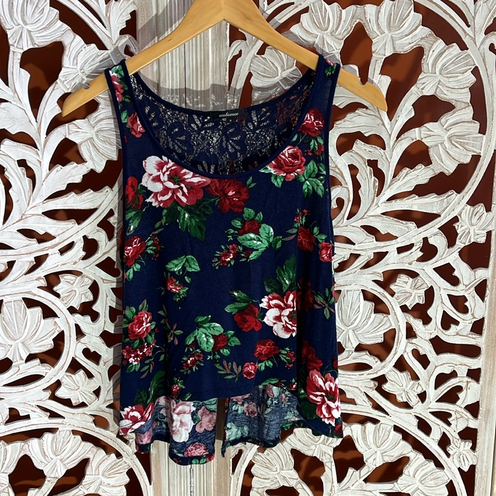 Blue floral flounce tank top